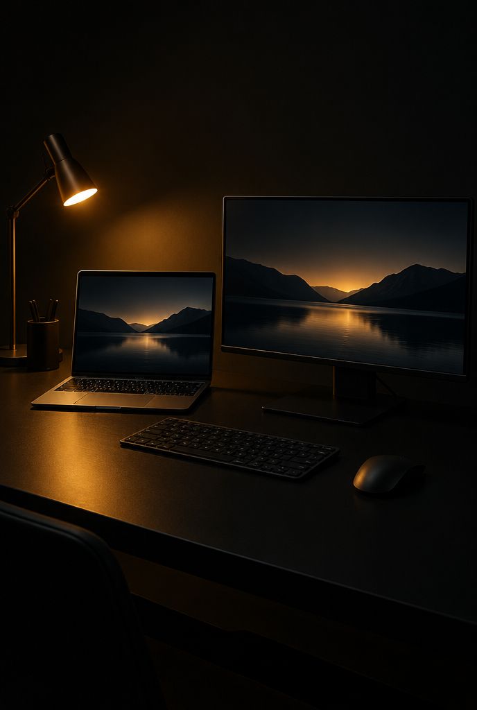 Equipos informáticos sobre una mesa de trabajo en penumbra